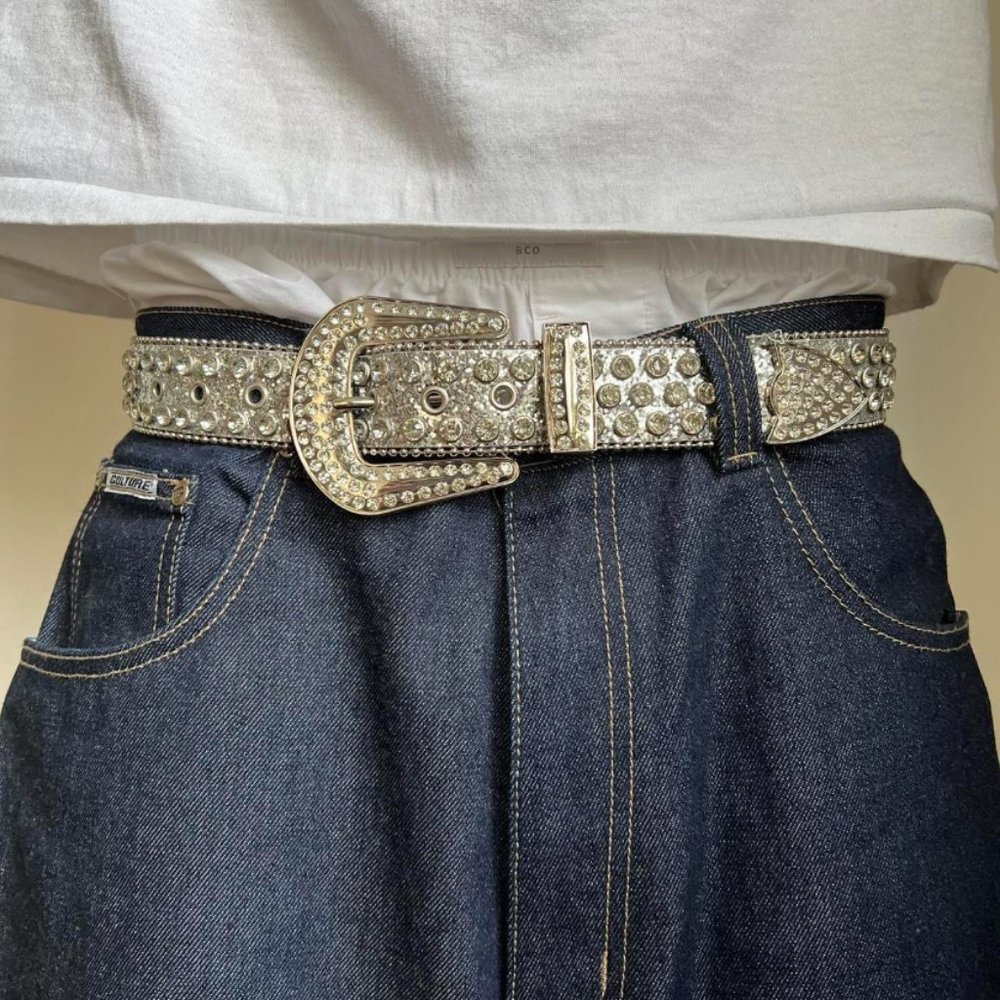 Y2K 2000s style rhinestone crystal grunge silver punk belt